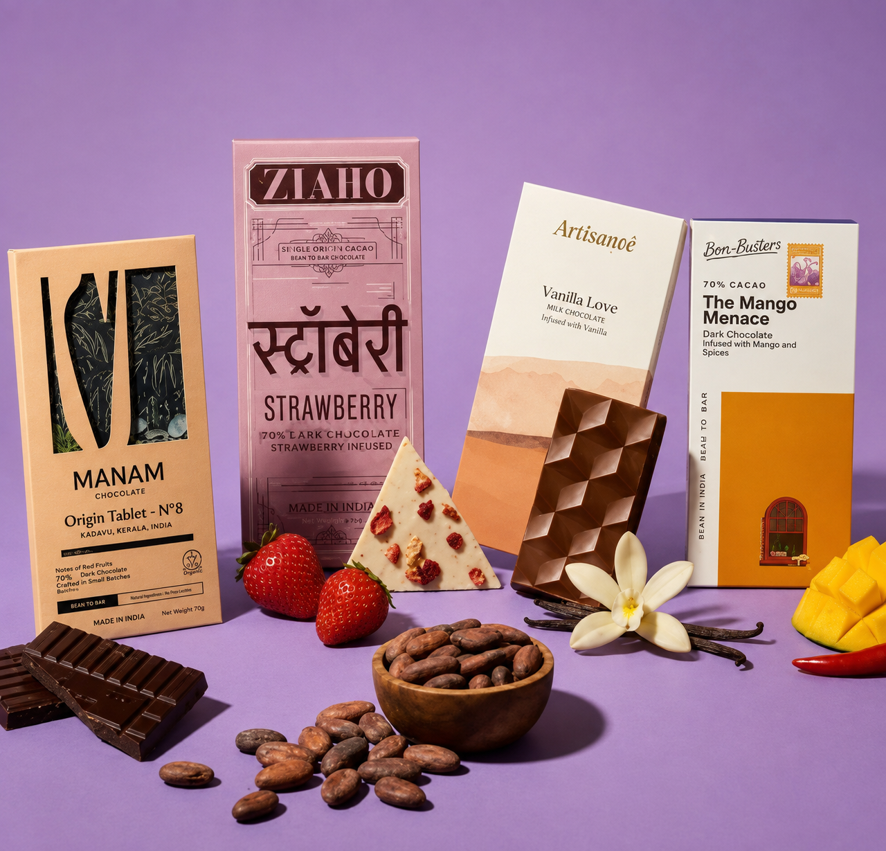 Craft chocolate bars with cocoa beans